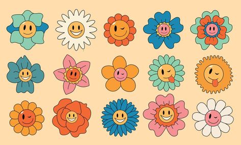 Retro Flower Illustration, Character Eye Design, Flower Power Aesthetic, Hippy Designs, Retro Doodles, Hippie Illustration, Groovy Cartoon, Retro Drawings, Cartoon Daisy