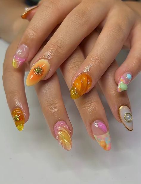 Tequila Inspired Nails, Moss Agate Inspired Nails, Tequila Sunset Nails, Shroom Nails Acrylic, Orange Mushroom Nails, Sunset Nails, Nail Tech, Nail Inspo, Cute Nails