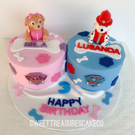 Paw Patrol Twins Birthday, Twin Boy And Girl Birthday Cake, Paw Patrol Double Birthday Party, Birthday Cake For Twins Boy And Girl, Paw Patrol Cake Ideas, Paw Patrol Twins Birthday Cake, Twin Cakes Ideas Boy And Girl, Paw Patrol Cake Girly Simple, Birthday Cake Skye Paw Patrol