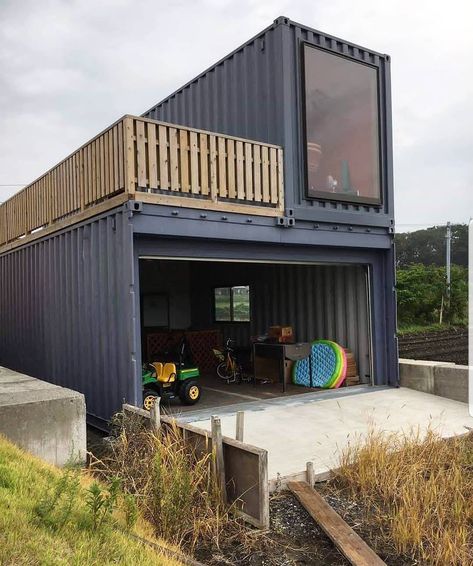 Build a shipping container home and still have a giant garage!  Do you know who built this home? Comment below so we can give them credit! Piscina Container, Shipping Container Buildings, Shipping Container Architecture, Shipping Container Design, Sea Containers, Shipping Container Home Designs, Storage Container Homes, Container Cabin, Container Office