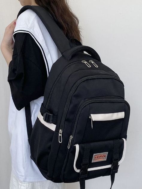 Korean School Bag Black, Bags For School Black, Black School Bag Aesthetic, Black Backpack Aesthetic, Aesthetic Backpacks For School, School Backpacks Aesthetic, Bookbag Aesthetic, Mochila Aesthetic, Expensive Backpacks