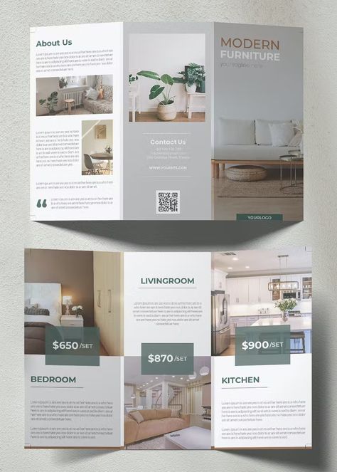 Furniture Trifold Brochure Template AI, EPS, PSD Interior Design Pamphlet Brochure Layout, Modern Trifold Brochure Design, Interior Brochure Design, Furniture Brochure Design, Interior Design Brochure, Professional Brochure Design, Freelance Interior Designer, Interior Brochures, Brochure Design Layouts