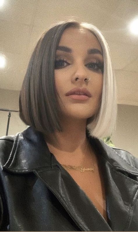 Short Cruella Hair, Half And Half Bob Hair Color, Split Dyed Hair Short Bob, Half Half Color Hair, Hair Half One Color Half Another, Half And Half Short Hair Color, Black And Blonde Short Hair Ideas, Half Platinum Half Brown Hair, Split Hair Color Short