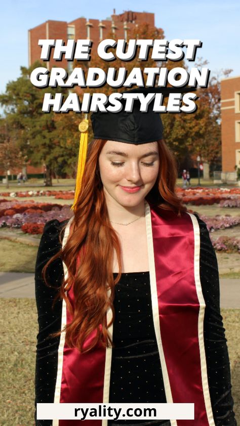 these are literally the prettiest graduation day hairstyles I've ever seen Long Graduation Hair, Hair For Graduation Cap Hairstyles, Hair Styles For Long Hair Graduation, Graduation Cap Hairstyles For Long Hair, College Graduation Hair, Easy Graduation Hairstyles With Cap, Graduation Hair Ideas Grad Cap, Graduation Hat Hairstyles, Graduation Hairstyles With Cap Medium