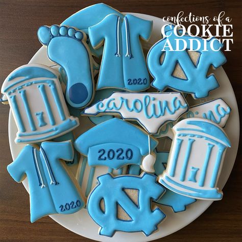 UNC Chapel Hill Graduation Sugar Cookies Unc Graduation Party, Unc College, Chapel Hill North Carolina, Blue Graduation Party, High School Graduation Party Decorations, Trunk Party, Unc Chapel Hill, Blue Graduation, Graduation Cookies