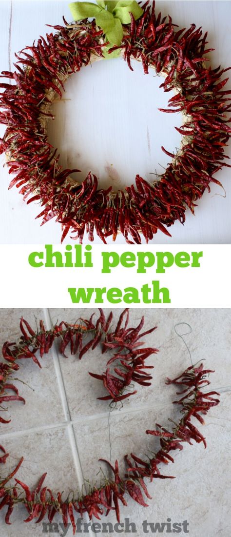 chili pepper wreath http://www.myfrenchtwist.com/chili-pepper-wreath/ #myfrenchtwist #chiliPepperWreath Pepper Wreath, Diy Locker, Diy Bench Outdoor, Diy Blanket Ladder, Wood Wall Art Diy, Wreaths Diy, Seasonal Wreaths, French Twist, Winter Wreath