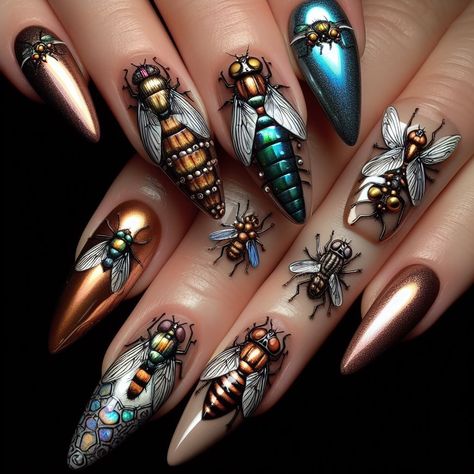 Insect Nail Art, Insect Nails, Bee Nail Designs, Bumble Bee Nails, Vintage Nail Art, Unique Nail Art Designs, Nail Polish Art Designs, Bday Nails, Bee Nails