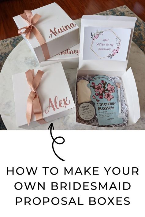 Open and closed bridesmaid proposal boxes with rose gold names and matching ribbon Homemade Bridesmaid Proposal, Will You Be My Bridesmaid Diy, Cheap Bridesmaid Proposal, Bridesmaid Boxes Diy, Diy Jewelry Gift Box, Bridesmaid Proposal Box Ideas, Diy Bridesmaid Proposal, Groom Box, Diy Bridesmaid Gifts