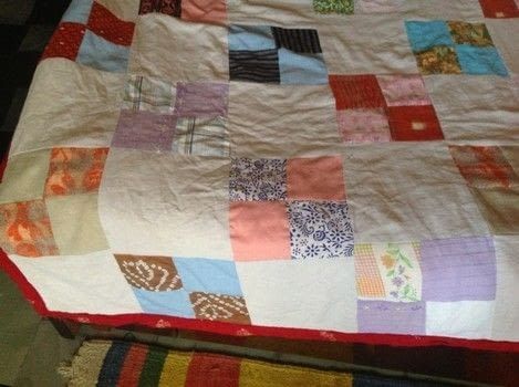 Quilt From Old Clothes · A Patchwork Quilt · Sewing on Cut Out + Keep Old Clothes Quilt, Quilt From Old Clothes, Mario Quilt, Machine Sewing, Old Clothes, Shirt Quilt, Patchwork Quilt, Quilt Piecing, Quilt Sewing