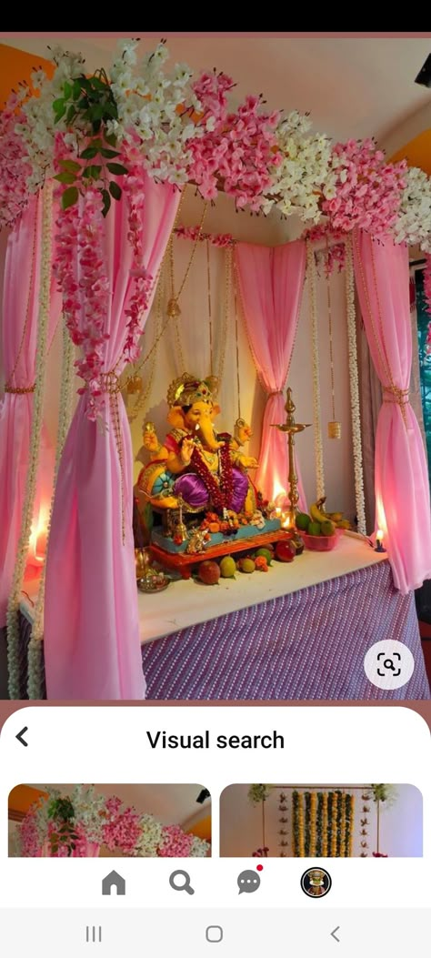 Curtain Decoration For Ganpati, Bappa Decoration, Flower Decoration For Ganpati, Leaf Decor Wedding, Puja Decoration, Ganesh Decoration, Ganpati Decoration Theme, Ganpati Decor, Ganesh Pooja