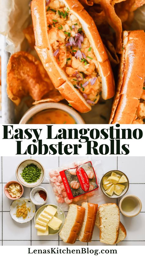 Langostino Lobster Rolls are the ultimate summer meal! They’re brimming with sweet, tender langostino lobster meat bathed in a tangy and aromatic garlic-lemon butter. Packed into buttery brioche rolls, this recipe is a quick and satisfying meal that will transport you straight to the New England seaside! Trader Joe’s Lobster Roll, Trader Joes Lobster Roll, Lobster Langostino Recipes, Best Lobster Roll Recipe, Langostino Lobster Rolls, Lobster Christmas Dinner, Warm Lobster Roll Recipe, Lobster Rolls With Butter, Langostino Rolls