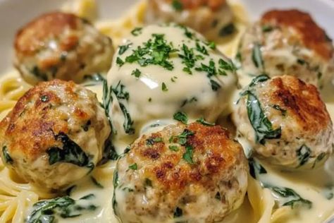 Baked Chicken Ricotta Meatballs With Spinach Alfredo Sauce, Chicken Ricotta Meatballs With Spinach, Chicken Ricotta Meatballs, Spinach Alfredo Sauce, Meatballs With Spinach, Chicken Rissoles, Chicken Ricotta, Creamy Spinach Sauce, Spinach Meatballs