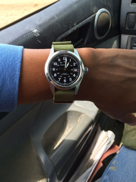 My Hamilton Khaki Field 38mm on olive green nato Khaki Field Auto, Hamilton Khaki Field Automatic 38mm, Hamilton Field Khaki, Olive Green Watch, Watch App Icon, Hamilton Khaki Field Automatic, Interesting Watches, Hamilton Watches, Watch Aesthetic