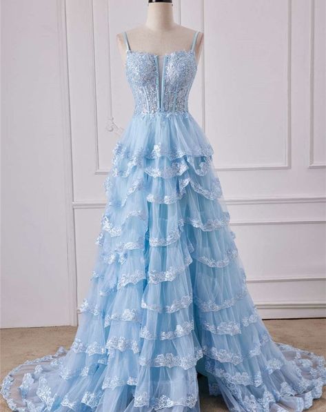 Prom Dresses Long Blue, Tiered Prom Dress, Ruffle Prom Dress, Ruffle Gown, Long Formal Gowns, Blue Tulle, Light Blue Dresses, Corset Bodice, Plunging Neck