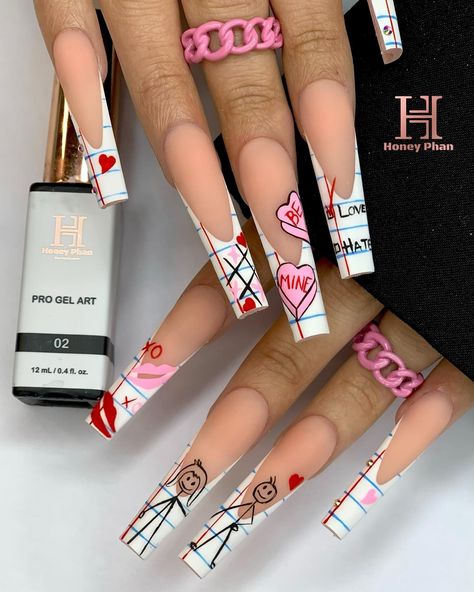 Notebook Nails Design, Paint Drip Nail Design, Ombré Nail Art, Under Nails Painted, Honey Phan Nails, Anti Love Nails, Xxl Nail Designs, Notebook Nails, Custom Acrylic Nails