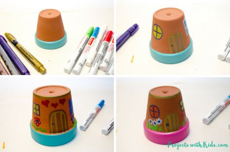 Painting Fairy Houses, Painted Fairy Houses, Fairy Houses Kids, Sleepover Fun, Kids Fairy Garden, Easy Diy Paint, Mini Plant Pots, Garden Kids, Play Garden