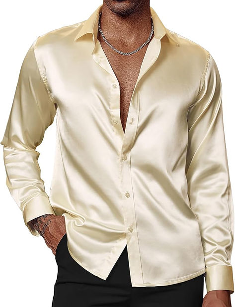 Mens satin shirt is delicate, shiny silk like fabric exudes elegance and sophistication, smooth satin finish feels great against skin, lightweight and draped very well, nice silky comfy to wear Mens Satin Shirt, Shirt Wrinkles, Shirt Jacket Men, Satin Shirt Dress, 70s Shirts, Disco Shirt, Sequin Outfit, Silk Shirt Dress, Sequin Shirt