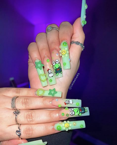 Keroppi Nails, Acrylic Nails Long, Nails Long Square, Acrylic Nail Designs Coffin, Nails Kids, Fake Nails Designs, Hello Nails, Hippie Nails, Punk Nails