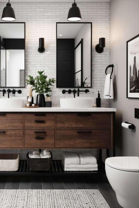 Farm Sink Vanity, Modern Farmhouse Bathroom Fixtures, En Suite Bathroom Ideas, Wood Bathroom Design, Bathroom Design Wood, Modern Farmhouse Bathrooms, Modern Farmhouse Bathroom Ideas, Future Farmhouse, Masculine Bathroom