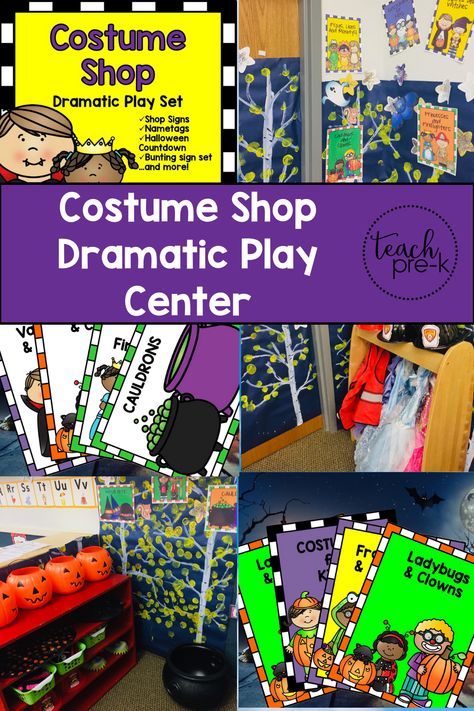 Dramatic Play Center Halloween Costume Shop! This Halloween Costume Shop sign and prop set is just what you need to make your Dramatic Play Center come to life for Halloween! Add your own costumes, Trick or Treat bags, Halloween decorations, and cash register and you are ready to go! Students will love the playing 'customers & store clerks' as they learn vocabulary, practice social skills, and use their imaginations! Halloween Costume Shop Dramatic Play, Halloween Dramatic Play For Toddlers, Dramatic Play Halloween Preschool, Costume Shop Dramatic Play, Thanksgiving Dramatic Play, Halloween Dramatic Play, Dramatic Play Centers Preschool, Halloween Lesson Plans, Treat Bags Halloween