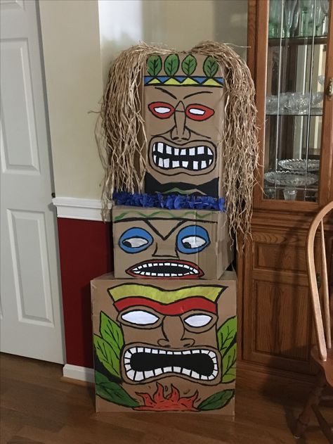 Tiki boxes Tiki Heads Diy Boxes, Cardboard Tiki Totem, Tiki Boxes Diy, Diy Tiki Totem Pole, Tiki Faces Template, Tiki Boxes, Tiki Birthday Party, Survivor Theme, Survivor Party