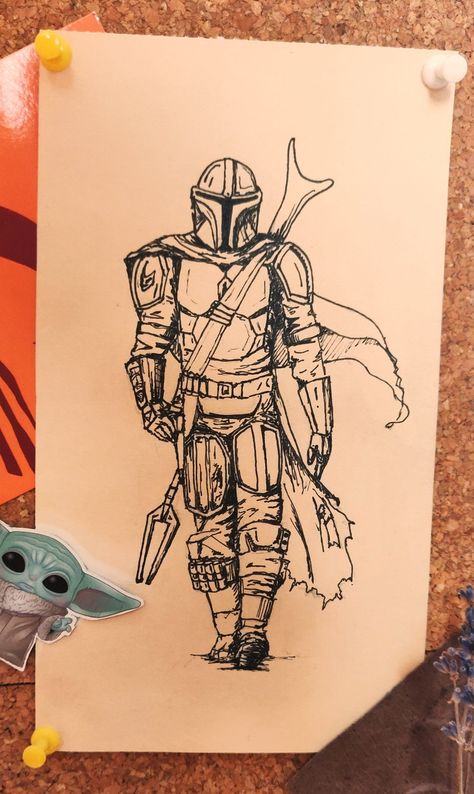 Mandalorian Line Art, How To Draw Mandalorian, Mandolorians Drawing, Star Wars Cartoon Drawings, Mandalorian Helmet Drawing, Draw Mandalorian, The Mandalorian Drawing, Mandalorian Painting, Learning Sketching