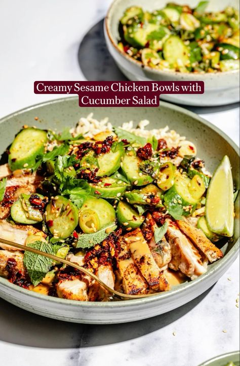 Creamy Sesame Chicken Bowls with Cucumber Salad for an easy lunch or dinner! Sesame Chicken Bowls, The Defined Dish, Defined Dish, Chicken Bowls, Chicken Bowl, Sesame Chicken, Dinner Bowls, Summer Food, Cucumber Salad