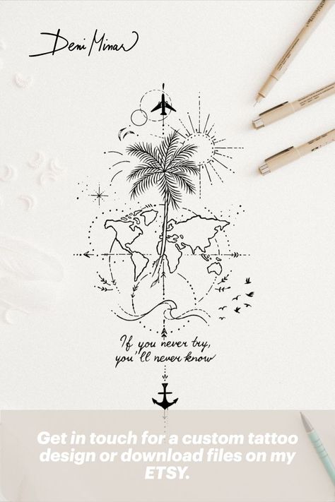 World map tattoo - Travel tattoo with anchor and trees are delicate line drawings by a Slovak artist Deni Minar. These elegant artworks were created for all travel lovers and explorers. Open for commissions - get in touch via Instagram if you would like your own personal drawing. This post is about - Tattoo art, beautiful tattoo, travel tattoo, tattoo for women, world map tattoo, compass tattoo, adventure art, nature lovers. #tattooidea #tinytattoo #linedrawing #tattooartist Tropisches Tattoo, Tattoos Simplistic, Tatoo Dog, World Map Tattoos, Globe Tattoos, Map Tattoos, Palm Tattoos, Delicate Tattoo, Discreet Tattoos