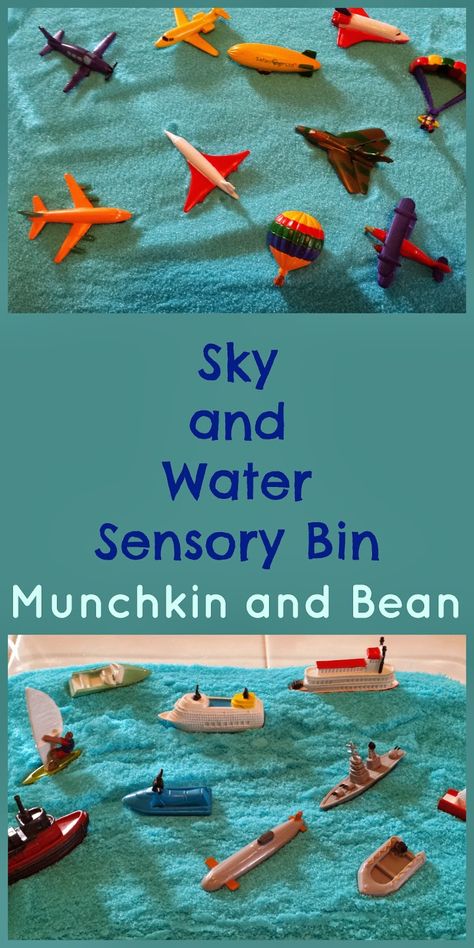 Munchkin and Bean: Sky and Water Sensory Bin Plane Sensory Bin, Transportation Sensory Table, Airplane Sensory Bin, Boat Sensory Bin, Sky Sensory Bin, Water Sensory Bin, Preschool Transportation, Sensory Water, Transportation Unit