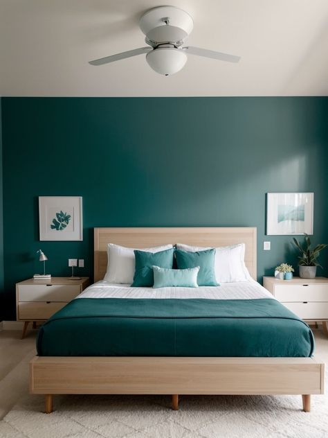 Teal Modern Bedroom, Dark Teal Wall Bedroom, Bedroom Turquoise Walls, Teal Paint Colors For Bedroom, Bedroom Teal Accents, Turqoise Bedroom Color Schemes, Teal Bedroom Ideas For Couples, Dark Turquoise Bedroom, Teal Accent Wall Bedroom