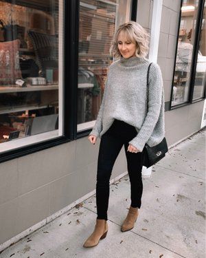 Gray Sweater Outfit Winter, Light Grey Sweater Outfit, Brown Booties Outfit, Tunic Sweater Outfits, Black Jeans Outfit Winter, Black Jeans Outfit Fall, Black Booties Outfit, Booties Outfit Fall, Turtleneck Sweater Outfit