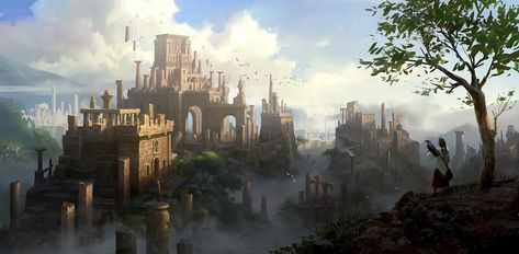 Ancient City, Lee b on ArtStation at https://www.artstation.com/artwork/QAgbl Desert City, Underground Cities, Port City, Castle Designs, Fantasy City, Fantasy Castle, Fantasy Setting, Fantasy Places, Matte Painting