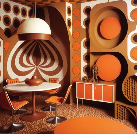 Retro Interior Design 1970s Modern, 70s Architecture Interiors, 70s Home Decor 1970s Interior Design, 70s Style Living Room, Retro Interior Design 1970s, 70s Interior Design Retro, Groovy Basement, Mid Century Modern Maximalist, 60s Interior Design