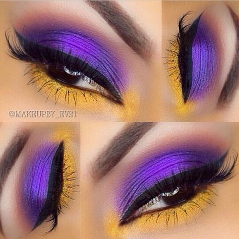 #bbBabe #beautybridge #makeup #mua #eyeshadow #lipstick #beauty  beautybridge.com Lakers Makeup Ideas, Lakers Makeup, Lakers Nails, Christmas Eye Makeup, Makeup 2018, Yellow Makeup, Yellow Eyeshadow, Colored Hair Tips, Purple Eye Makeup