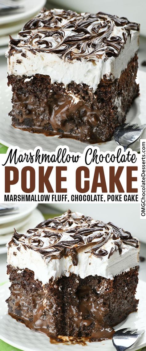 Marshmallow Whipped Cream, Good Desserts To Make, Marshmallow Chocolate, Chocolate Poke Cake, Milk Chocolate Ganache, Poke Cake Recipes, Decadent Chocolate Cake, Chocolate Dessert Recipes, Poke Cake