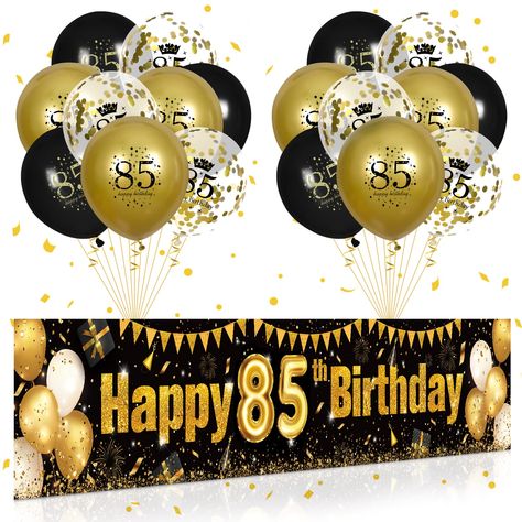 PRICES MAY VARY. ✨【85TH BIRTHDAY DECORATIONS】: You will get a black and gold 85th birthday banner, 18 pieces of latex happy birthday balloons with a ''85th Happy Birthday'' pattern (6pcs gold balloons + 6pcs white balloon +6pcs transparent Inflatable Clear Confetti balloons). It would be an impressive decoration for 85th Years Old birthday party 85th anniversary birthday party. ✨【BIRTHDAY BALLOONS】: Our 85th latex birthday balloons are made of high-quality material and the balloon is thicker, th 85th Birthday Decorations, 65 Birthday Decorations, 75th Birthday Decorations, Black Gold Birthday, Clear Balloons With Confetti, 50th Birthday Banner, 30th Birthday Banner, 90th Birthday Decorations, Outdoor Yard Decor