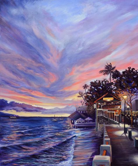 Lahaina Paradise Maui Hawaii Cheeseburger in Paradise - Etsy Maui Illustration, Front Street Lahaina, Cheeseburger In Paradise, Lahaina Hawaii, Quilt Panels, Lahaina Maui, Cruise Boat, Hawaiian Art, Purple Sunset