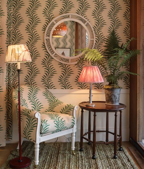 Soane Britain's Pygmy Palm Table Lamp, in front of Scrolling Fern Frond wallpaper in Emerald. Soane's Spoonbill Chair also covered in Scrolling Fern Frond fabric in Emerald with Weymouth Floor Lamp and The Rattan Small Coral Mirror Pygmy Palm, Wrapped Furniture, Coral Mirror, Interior Delights, Charleston House, Fern Wallpaper, Soane Britain, Hall Ideas, Fern Frond