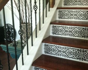 Indoor Step Ideas, Steps Ideas Stairs Indoor, Painting Steps Indoors, Indoor Steps Ideas Stairs, Black Stairway, Painting Wooden Stairs, Indoor Steps, Wooden Steps Indoor, Stenciled Stairs