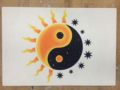 Yin And Yang Painting Ideas, Ying Yang Painting Ideas, Sun And Moon Painting Canvases Easy, Yin Yang Painting Canvases, Cool And Warm Colours Paintings, Yin And Yang Painting, Hippy Sketches, Sun Painting Ideas, Yin Yang Drawing