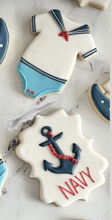 Nautical Cookies, Anchor Cookies, Animal Baby Shower Favors, Nautical Baby Shower Boy, Baby Shower Oso, Gingerbread Baby, Beach Cookies, Graduation Cookies, Macaron Recipe