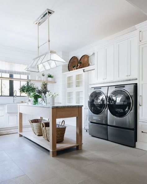 Laundry Room Ideas and Top Recommended Washer and Dryer - Nesting With Grace Laundry Folding Tables, Laundry Room Folding Table, Modern English Country, Transitional Laundry Room, Kate Marker Interiors, Rustic Laundry Rooms, Stylish Laundry Room, Large Laundry Rooms, White Laundry