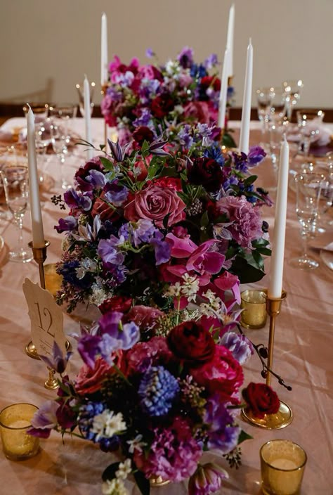 Long tablescape wedding centerpiece with purple flowers | Elegant Purple Wedding Inspiration With A Regal Touch -Sherri Barber Photography #table #tablesetting #tablescape #tabledecor #centerpieceideas #weddingdecor #weddingdecorations Long Tablescape, Vineyard Wedding Inspiration, Barber Photography, Tablescape Wedding, Purple Wedding Inspiration, Engagement Dinner, Classic Elegant Wedding, Jewel Tone Wedding, Cherry Blossom Wedding