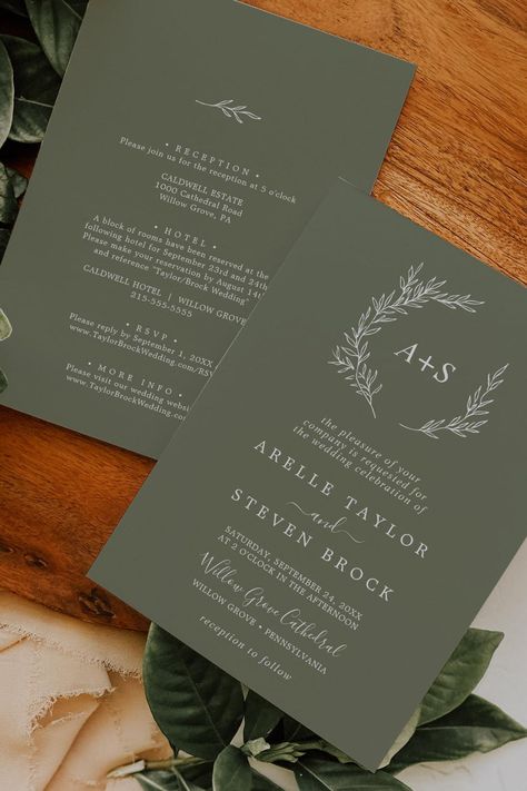 Minimal Leaf | Dark Green All In One Wedding Invitation Wedding Invitations Dark Green, Dark Green Wedding Invitations, Wedding Invitations Dark, Dark Green Wedding, Green Invitations, Sage Wedding, Green Wedding Invitations, Wedding Invitations Boho, Minimalist Wedding Invitations