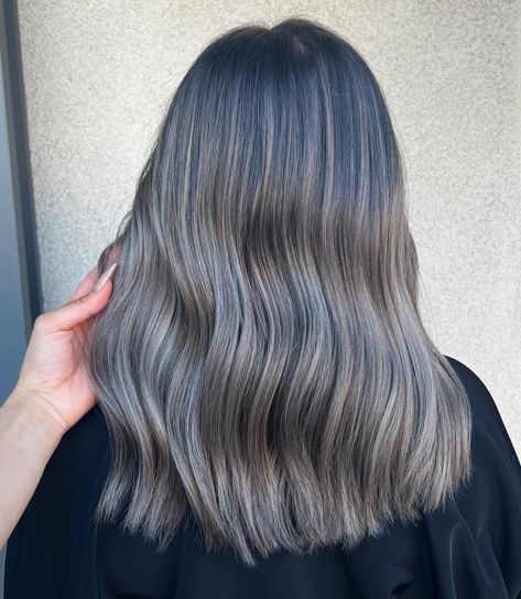 Mushroom Gray Brown Root Fade Root Fade, Dark Grey Hair Color, Colorful Bob, Gray Blending, Hide Greys, Dark Grey Hair, Grey Highlights, Subtle Balayage, Wavy Lob