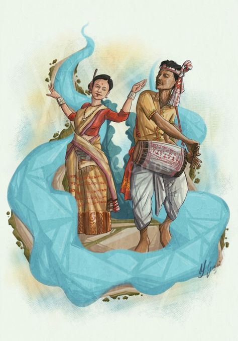 Bihu Dance Painting, Assam Bihu Dance Drawing, Bihu Dance Illustration, Bihu Festival Poster, Indian Folk Dance Drawing, Bihu Festival Drawing, Bihu Drawing Ideas, Bohag Bihu Drawing, Adivasi Painting