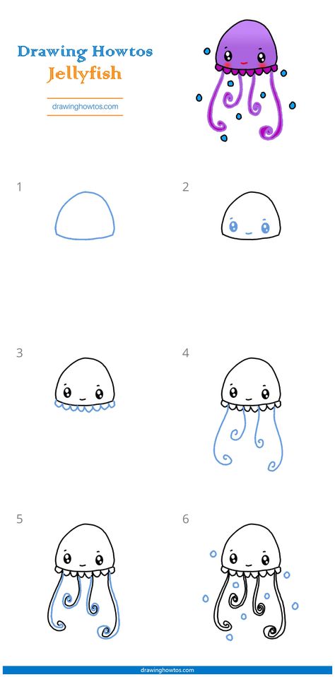 Easy Kid Drawings Step By Step, Draw Jellyfish Easy, Cute Sea Animals Drawing Easy, How To Draw Step By Step Easy Cute, How To Draw Kindergarten Step By Step, Easy To Draw Mermaid, Kawaii Doodles Step By Step, How To Draw A Jellyfish Step By Step, Beginning Drawing Step By Step