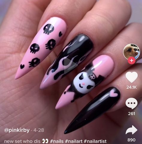 Black And Pink Acrylic Nails Edgy, Pastel Goth Nails Creepy Cute, Nail Designs Alt, Creepy Cute Nails, Kawaii Goth Nails, Goth Nails Ideas, Kuromi Acrylic Nails, Cute Goth Nails, Kuromi Nails Acrylic