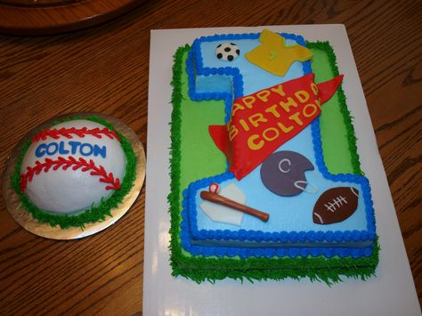 Sports themed first birthday cake with baseball smash cake Baseball Smash Cake, Sports Themed Cakes, Themed First Birthday, Sports Birthday Party, Mario Birthday, First Birthday Cake, Sports Birthday, Baby Boy 1st Birthday, Twin Birthday