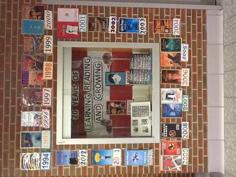 Display for the school's 20 year anniversary with most popular book(s) for the year. School 50th Anniversary Ideas, School Centennial Celebration Ideas, School Anniversary Ideas, School Anniversary Celebration Ideas, 20 Year Anniversary Ideas, 20th Anniversary Ideas, School Anniversary, 60 Year Anniversary, 30 Year Anniversary